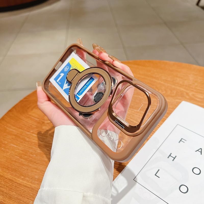 Image of LuxuryKase Magnetic Clear Case for iPhone 17 Pro | Metal Ring Stand | Camera Lens Protector Rings | Shockproof Hard PC Back | MagSafe Compatible | TPU Bumper - Desert Gold