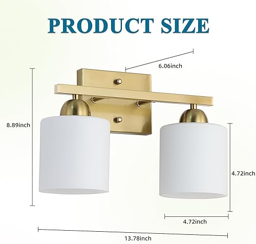 Miniatura 5 de Lámpara de tocador de baño de acero inoxidable con vidrio de leche sobre el espejo, 2 lámparas de baño doradas cepilladas con vidrio esmerilado,