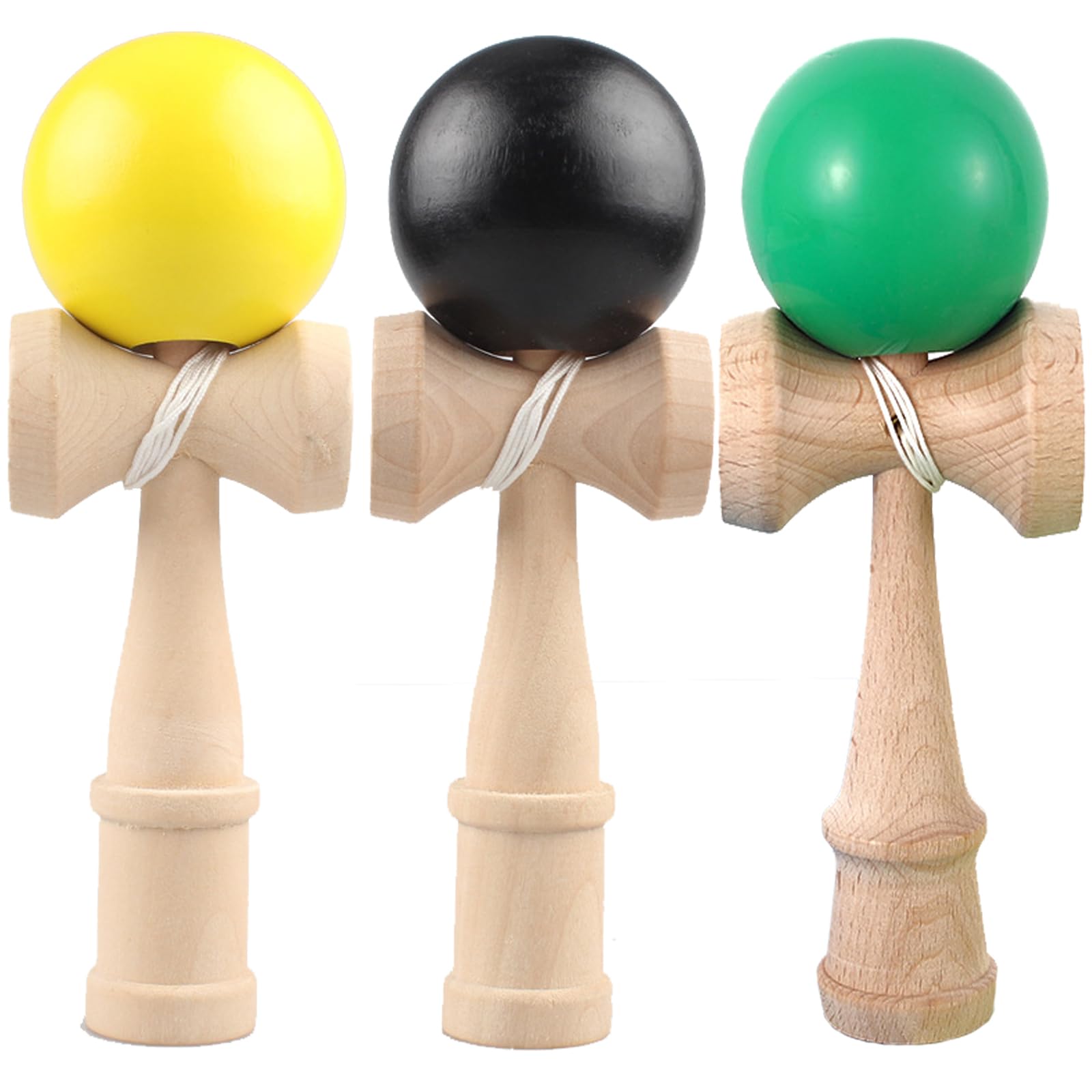 Kendama 3 Piece Set Wood Black Yellow Green Practice Competition 7in