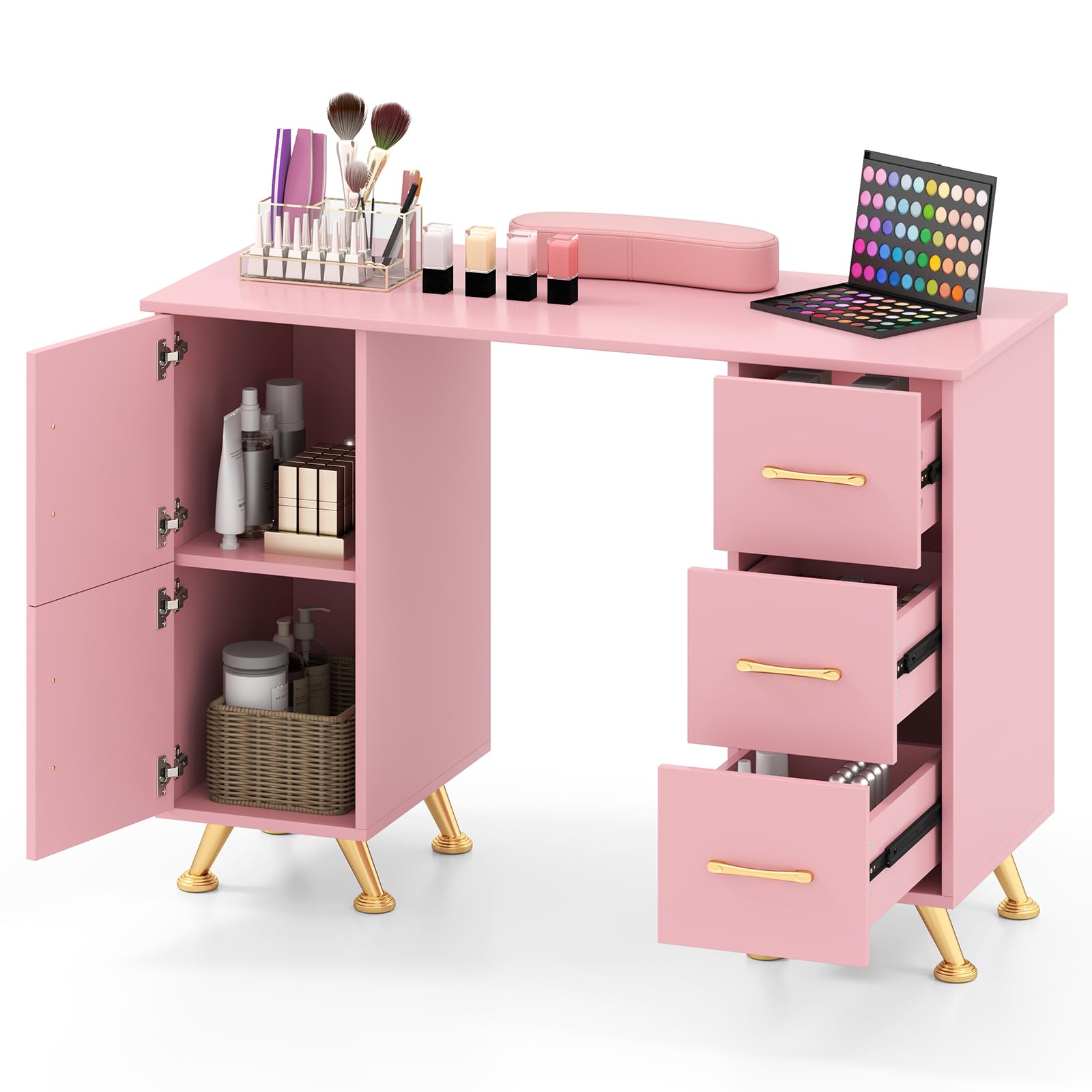 COSTWAY Tavolo per Manicure, Tavolo per Unghie con Cassetti, Cuscino Poggia Polsi e Gambe in Metallo, Stazione per Unghie Estetista Nail Art per Salone di Bellezza (Rosa)