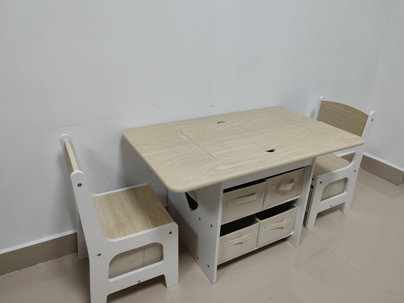 Kids Table and 2 Chairs Set 2-in-1 Plastic Building Blocks-Compatible Activity, with 6 Storage Bins Boxes, Children's Furniture, Gift for Boy & Girl (Natural)