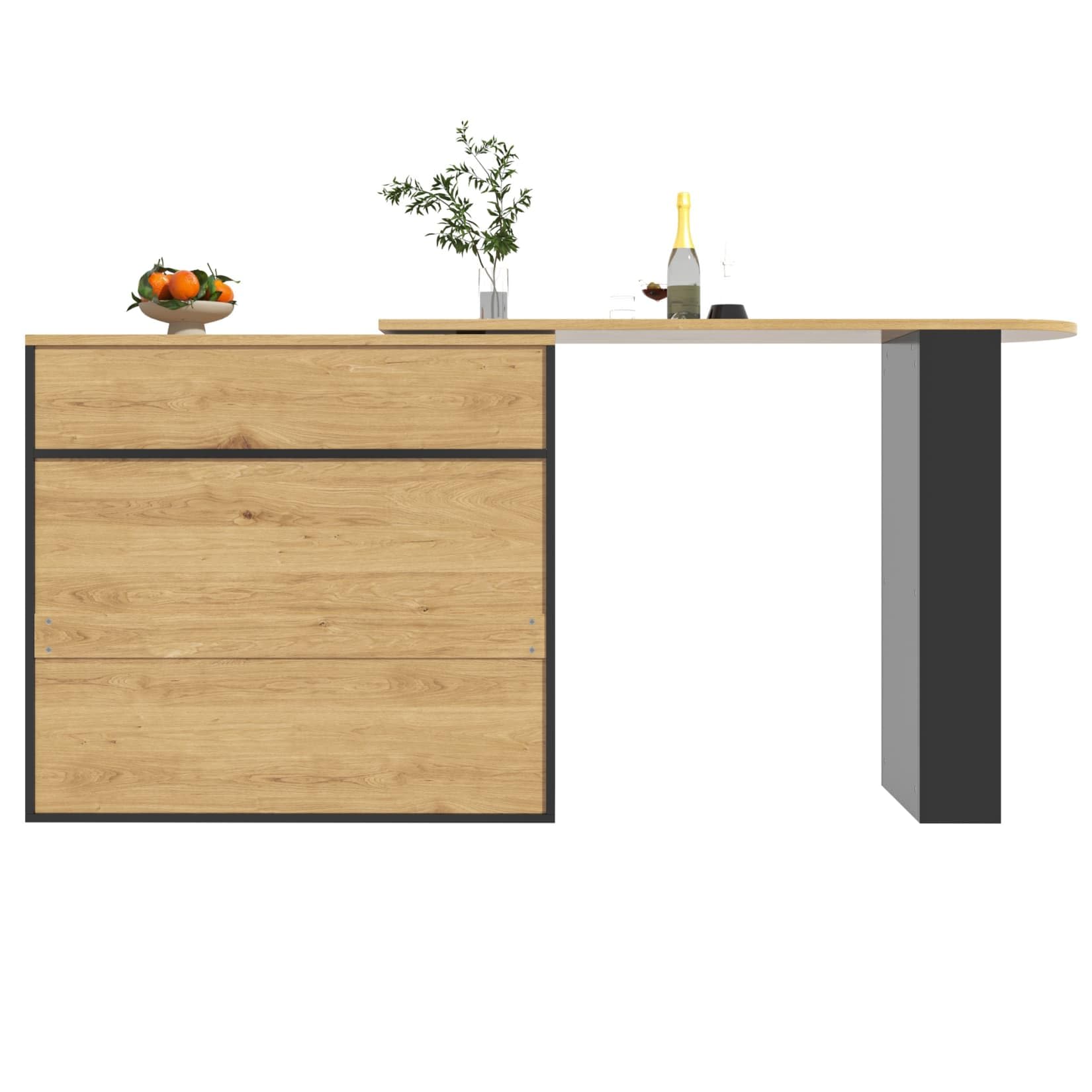 PUGSDRLY Table de Bar Extensible avec Espace de Rangement,Table Bar Cuisine Pivotant à 360°,2 Porte en Verre et 1 Tiroir,Compartiment Ouvert,Comptoir de Cuisine (D, Noir)