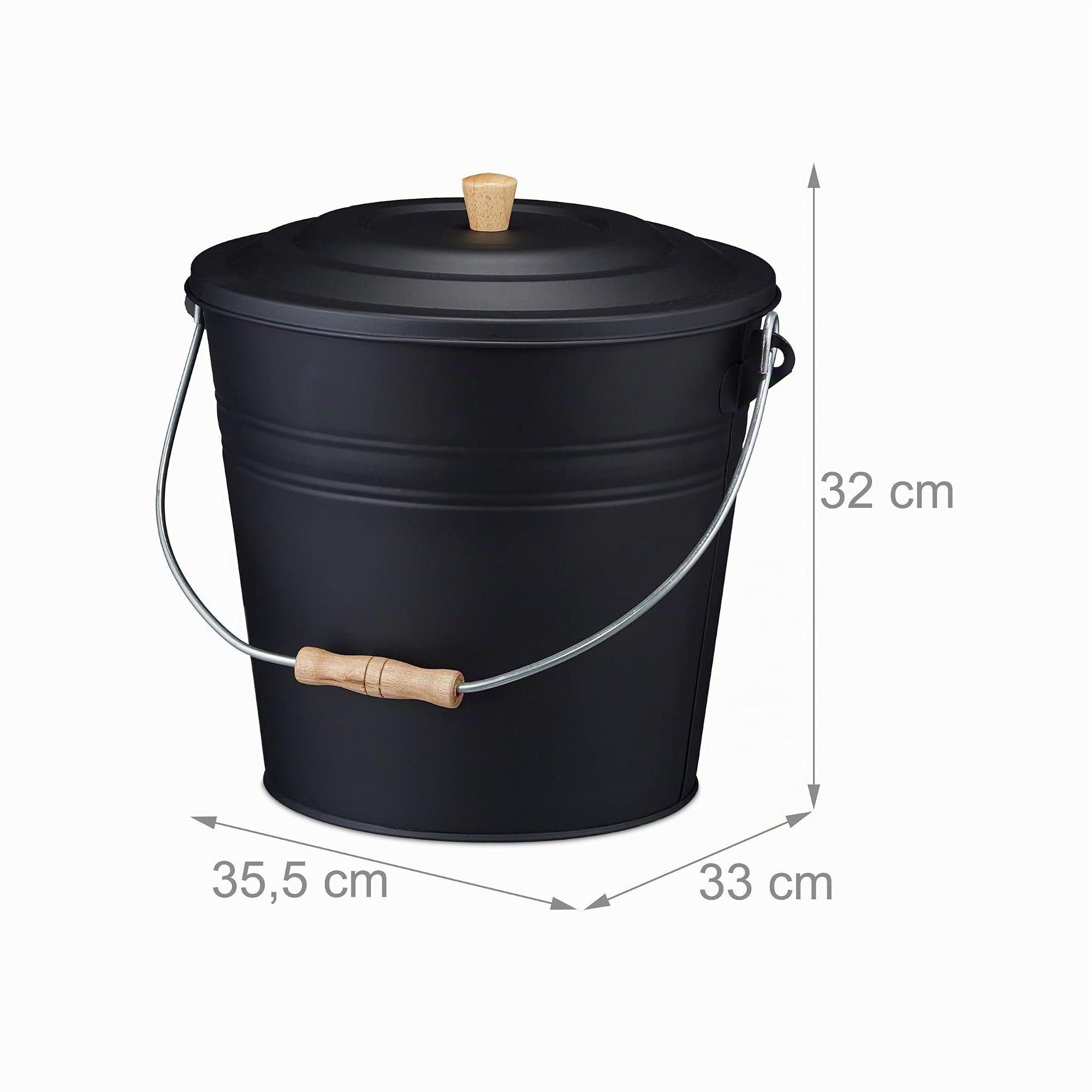 Relaxdays Cubo Cenizas con Tapa, 12 litros, Accesorio Chimenea, BBQ, Acero y Madera, Contenedor Ceniza con Asa, Negro