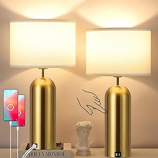 Tall Gold Lamps Set of 2 Touch Control Gold Table Lamps 3-Way Dimmable White Lamp with USB Ports Type C, Modern Bedside Nightstand Lamps for Bedroom Tall End Table Lamps Living Room Home Office 22 IN