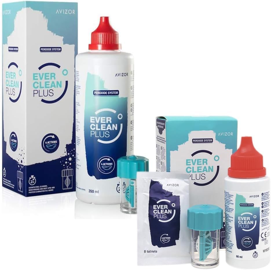Avizor EVER Clean PLUS - Líquido para Limpieza y Desinfección de Lentes de Contacto - Eliminación Profunda de Depósitos de Lípidos - Pack Bote 350ml + 45 tabletas y Bote 60ml + 8 Tabletas - Kit Viajes