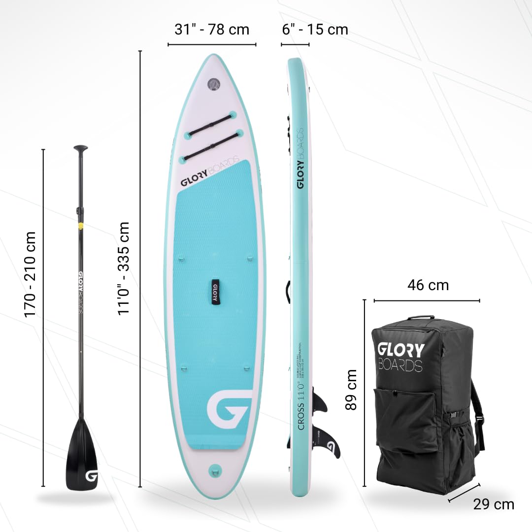 GLORY BOARDS ® Stand up Paddling Board aufblasbar – bis 180kg Tragkraft – komplettes SUP Set inkl. Carbonpaddel, Pumpe, Rucksack – Kajak Option – leichtes Stand up Paddle Board