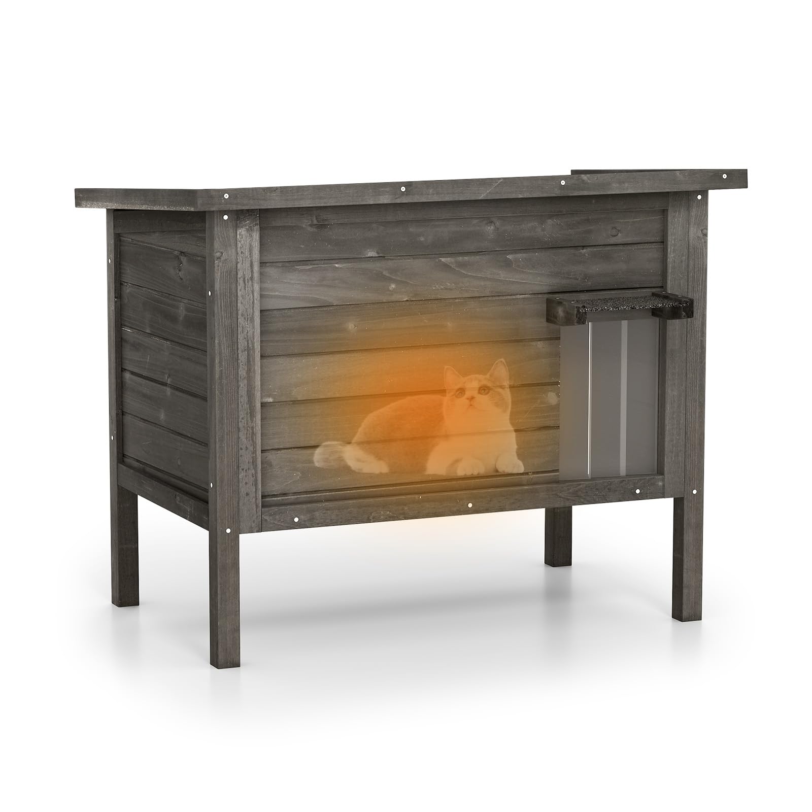 COSTWAY Niche pour Chat Exterieur, Grand Maison pour Chats en Bois de Sapin, 88 × 55 × 71 cm, Isolation en Mousse à 6 Côtés, Toit en Asphalte Ouvrable, Rideau de Porte, Cabane Chat Exterieur (Noir)