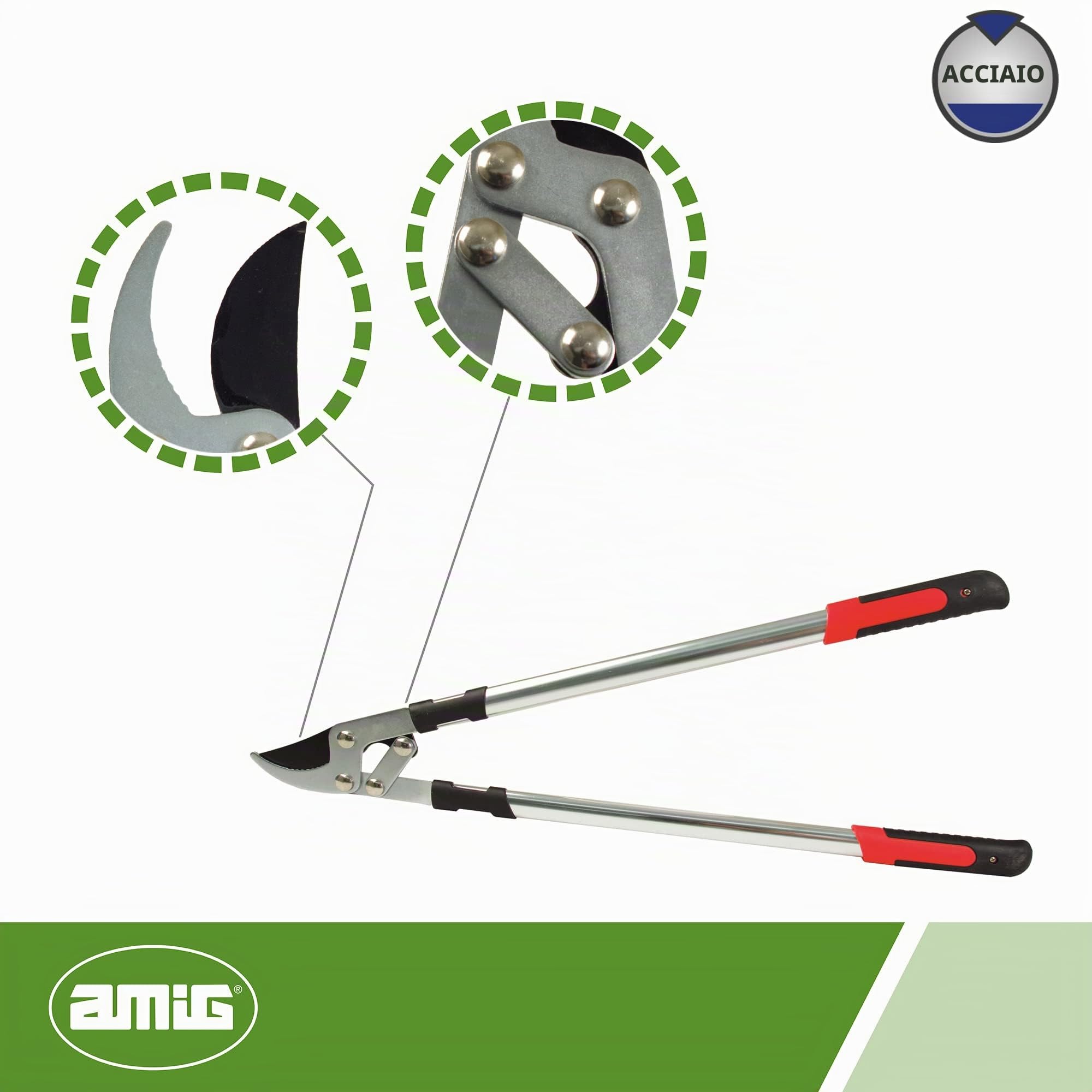 Amig - Forbici da Potatura a Due Mani | Manico in Alluminio e Lama Rivestita in Teflon | 76 cm | Taglio Bypass | Capacità di Taglio 45 mm | Per Rami Verdi e Umidi di Alberi e Arbusti