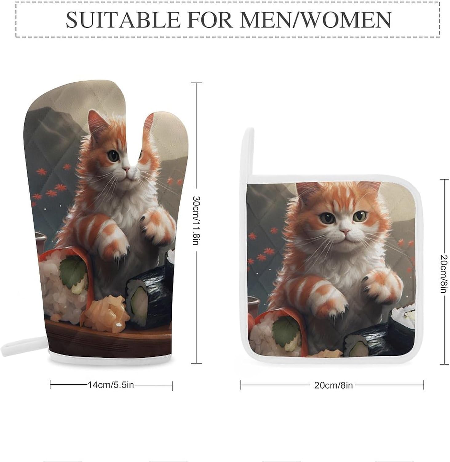 Japanese Sushi Cat 4 Pcs Oven Mitts and Pot Holders Set High Heat Resistant Long Kitchen Oven Glove Potholders