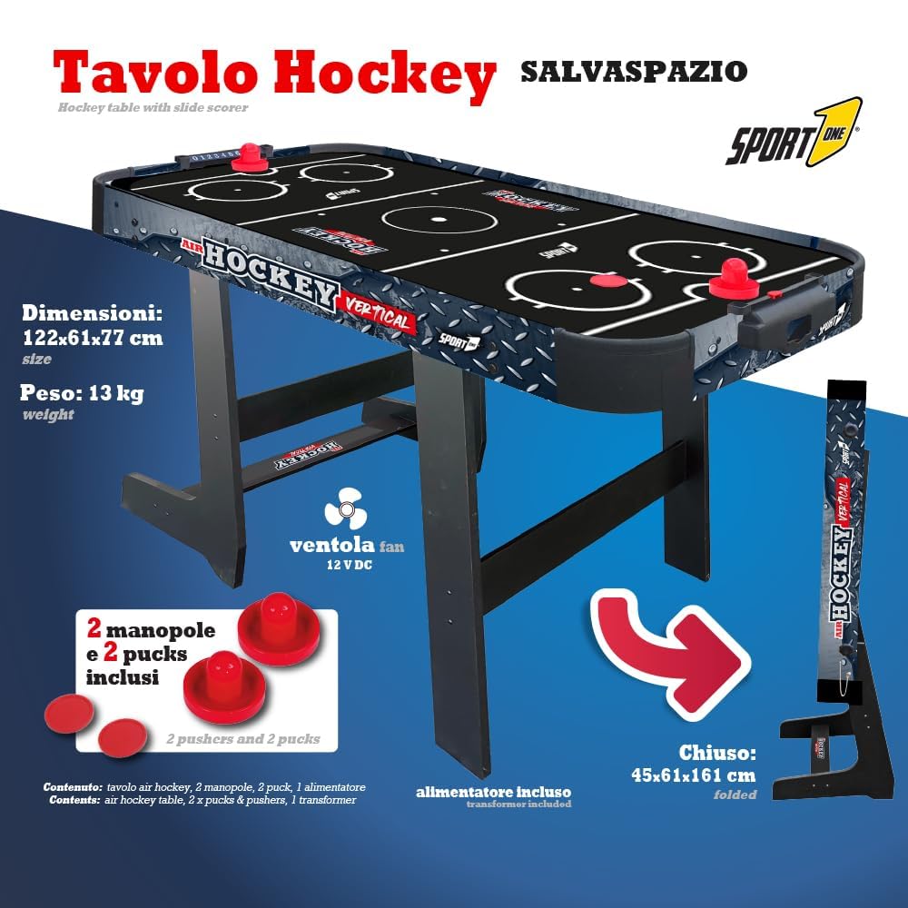Tavolo Air Hockey Metal Verticale. Tavolo pieghevole da hockey. Air mini con ventola 12V. Tavolo air hockey salvaspazio. Misure 121x60x76cm. 2 manopole e 2 dischi inclusi. Con segnapunti integrato.