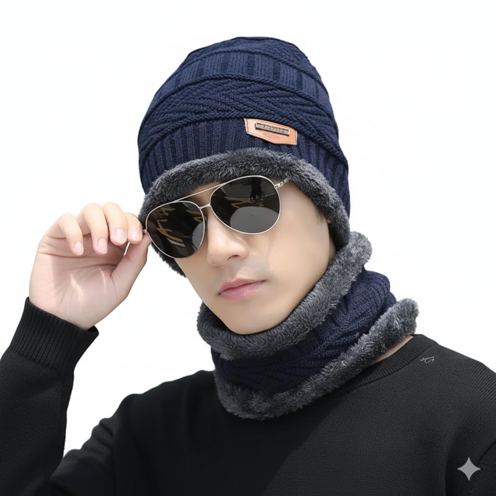 SARAOONT Winter Hat & Scarf Set - Unisex-Adult Men's Beanie & Scarf in Black & Blue - Stylish and Warm Accessories for Cold Days - scarf hat winter beanie for Men & Women Navy 1