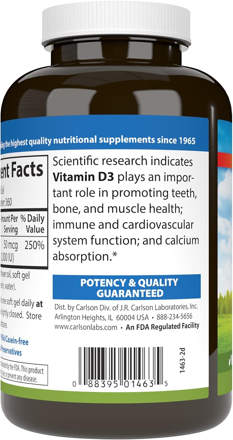 Carlson - Vitamin D3, 2000 IU (50 mcg), Vitamin D Supplement, Vitamin D3 Soft Gel, 360 Softgels : Health & Household