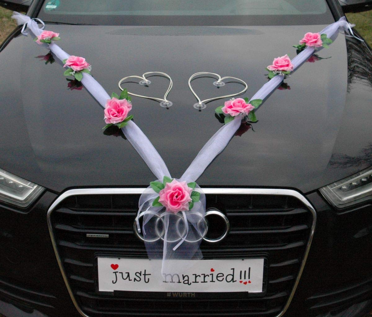 ORGANZA M + HERZEN Braut Paar Rose Deko Dekoration Autoschmuck Hochzeit Car Auto Wedding Deko Ratan Girlande ®Auto-schmuck PKW (Rosa/Weiß/Weiß)