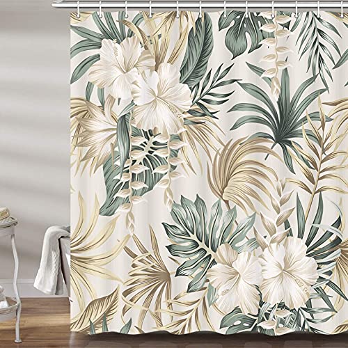 Tropical Plant Flower Shower Curtain For Bathroom, Vintage Sage Green Palm Leaves Beige Fabric Shower Curtains Set, Cute Floral Greenery Botanical Restroom Decor Accessories With Hooks (72X72) #TOP1