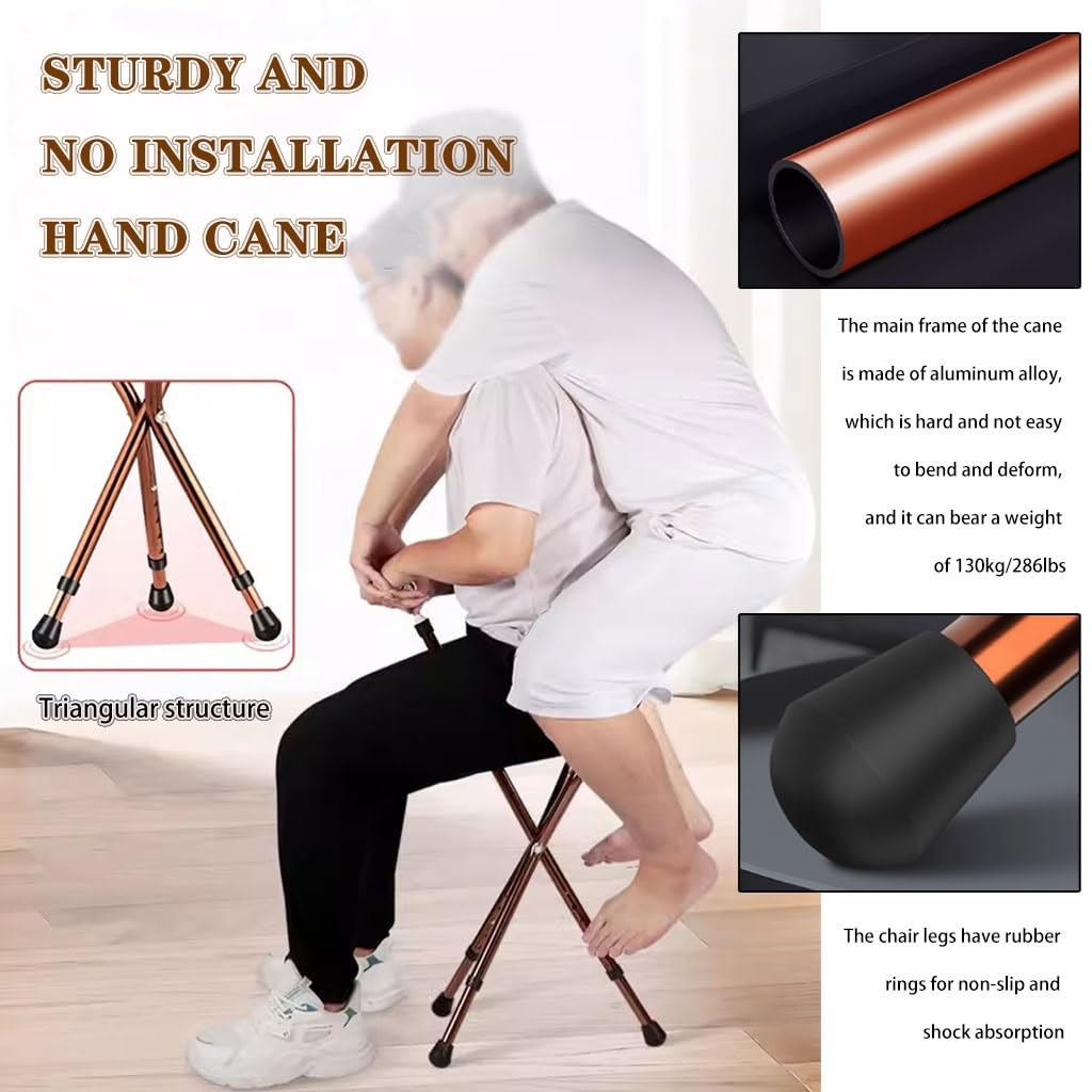 Bastón Bastón Extensible Silla con Muleta De Altura Ajustable, Taburete De Caña con Asiento En Forma De Mariposa, Andador Ligero Portátil, con Luz LED(Brown Color)