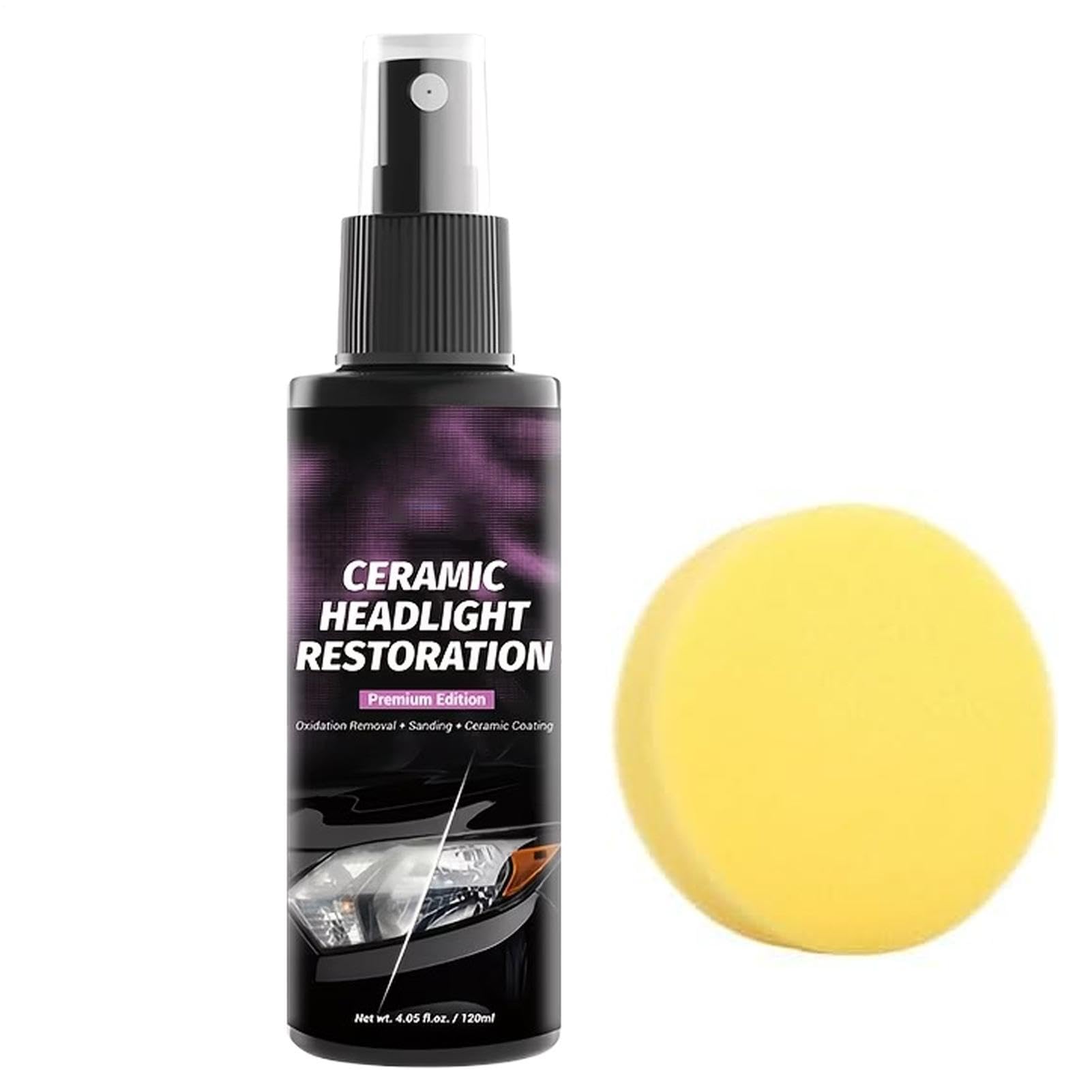 Rénovateur Phare Voiture Spray 120ml, Kit de Restauration Optique Céramique Haute Brillance, Élimine l'Oxydation et le Jaunissement, Protection UV Longue Durée pour Phares, Feux Arrière et Plastiques