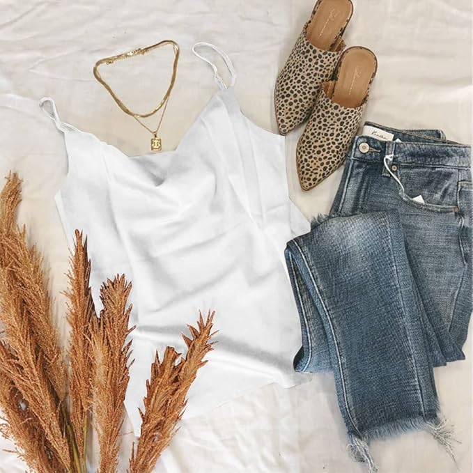 Aoulaydo Women's Cowl Neck Camis Satin Tank Top Camisoles Blouses White - Image 3