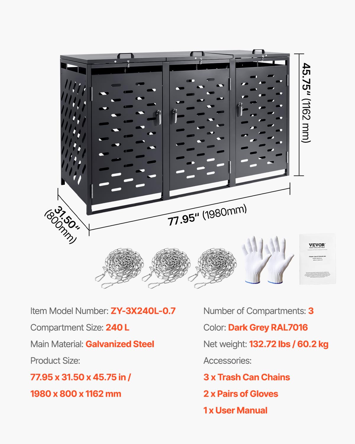 VEVOR Mülltonnenbox, 3 x 240L Mülltonnenhaus, Mülltonnenverkleidung, Mülltonnenverkleidung, abschließbarer Mülltonnen-Aufbewahrungsschuppen, für Mülltonne, Garten, Hinterhof und Terrasse