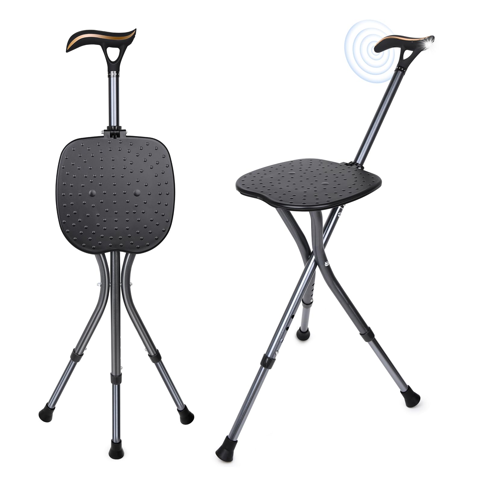 Cane with Seat, Lightweight Folding Adjustable Cane Chair with Rechargeable LED Light and 100 dB Alarm