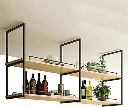Nordic Iron Solid Wood Ceiling Shelf, 2 Tier Hanging Floating Shelf, Ceiling Mounted Storage Shelf, Bar Restaurant Hanging Decorative and Storage Rack, 3 Sizes  Color Black , Size 80*30*80cm