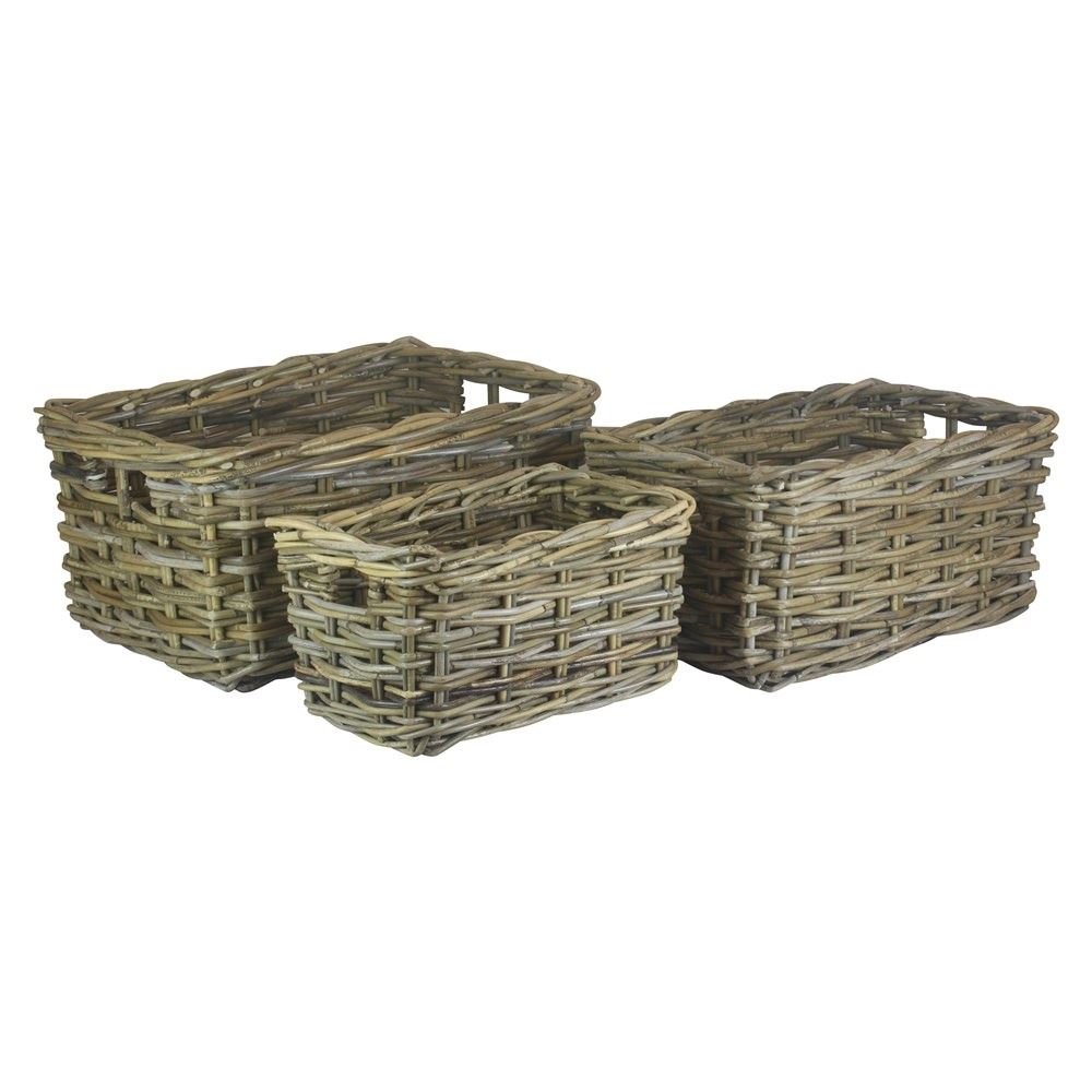 Set of 3 Rectangular Grey Rattan Storage Baskets