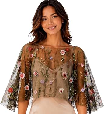 Black Tulle Capelet with Colorful Floral Embroidery