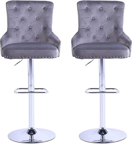 Miniatura 7 de Taburetes de bar de terciopelo con altura de barra, juego de 2 sillas de bar ajustables, sillas giratorias para isla de cocina, mostrador, comedor