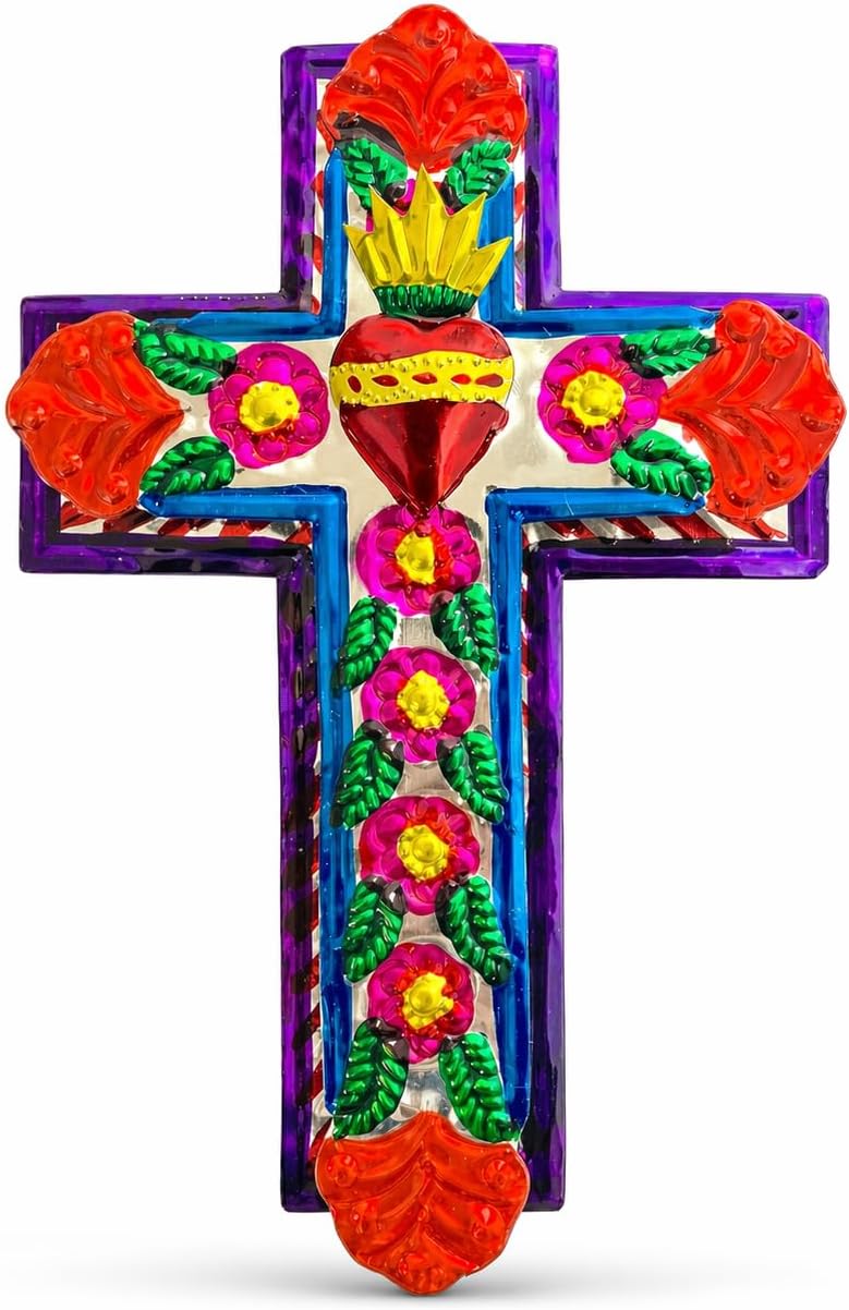 Casa Fiesta Designs Handmade Mexican Tin Cross Wall Decor – Sacred Heart Milagro Folk Art – Handcrafted in Mexico Embossed Metal Religious Wall Hanging (Medium)