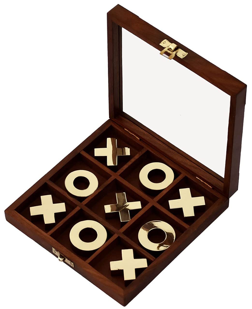STAR CRAFT Wooden Tic Tac Toe Game Handmade Pure Rosewood Brass Work Noughts And Crosses Tic Tac Toe Board Wooden Zero Kata Board Game (Brown), For Kids-image-19