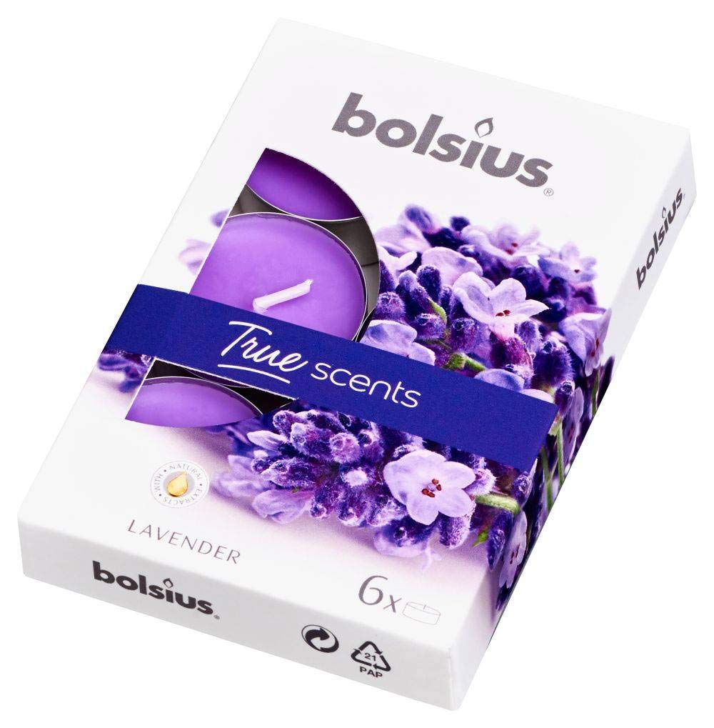 Bolsius Kokulu Tealight Mum, Lavanta Kokulu, Mor Renkli, 6'lı Paket, 4 Saatlik Yanma Süresi - Ev Mumu - İç Dekorasyon - Doğal Özler - Doğal Vegan Balmumu İçerir - Palmiye Yağı İçermez