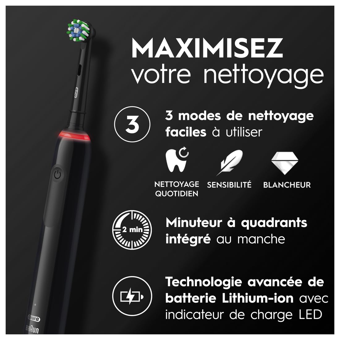 Oral-B Pro 3 3000 Brosse À Dents Électrique Noire, 2 Brossettes, Conçue par Braun