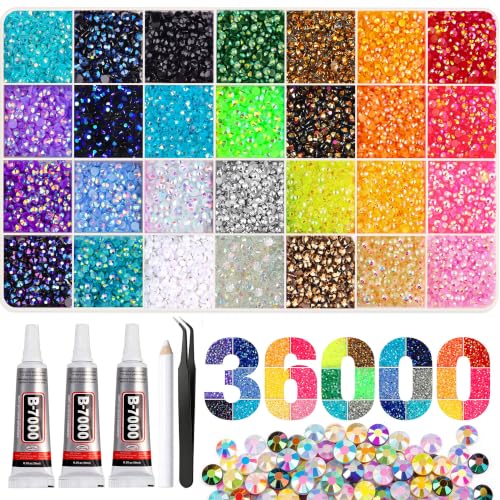 Artdone 36000Pcs Resin Rhinestones 3mm Jelly AB 28Colors for Bedazzling Glitter Kit DIY Multicolor Crystal Diamond Pearls with 3Pcs 10ml B7000 Jewelry Glue for Bedazzled Nail Art Supplies Decoration