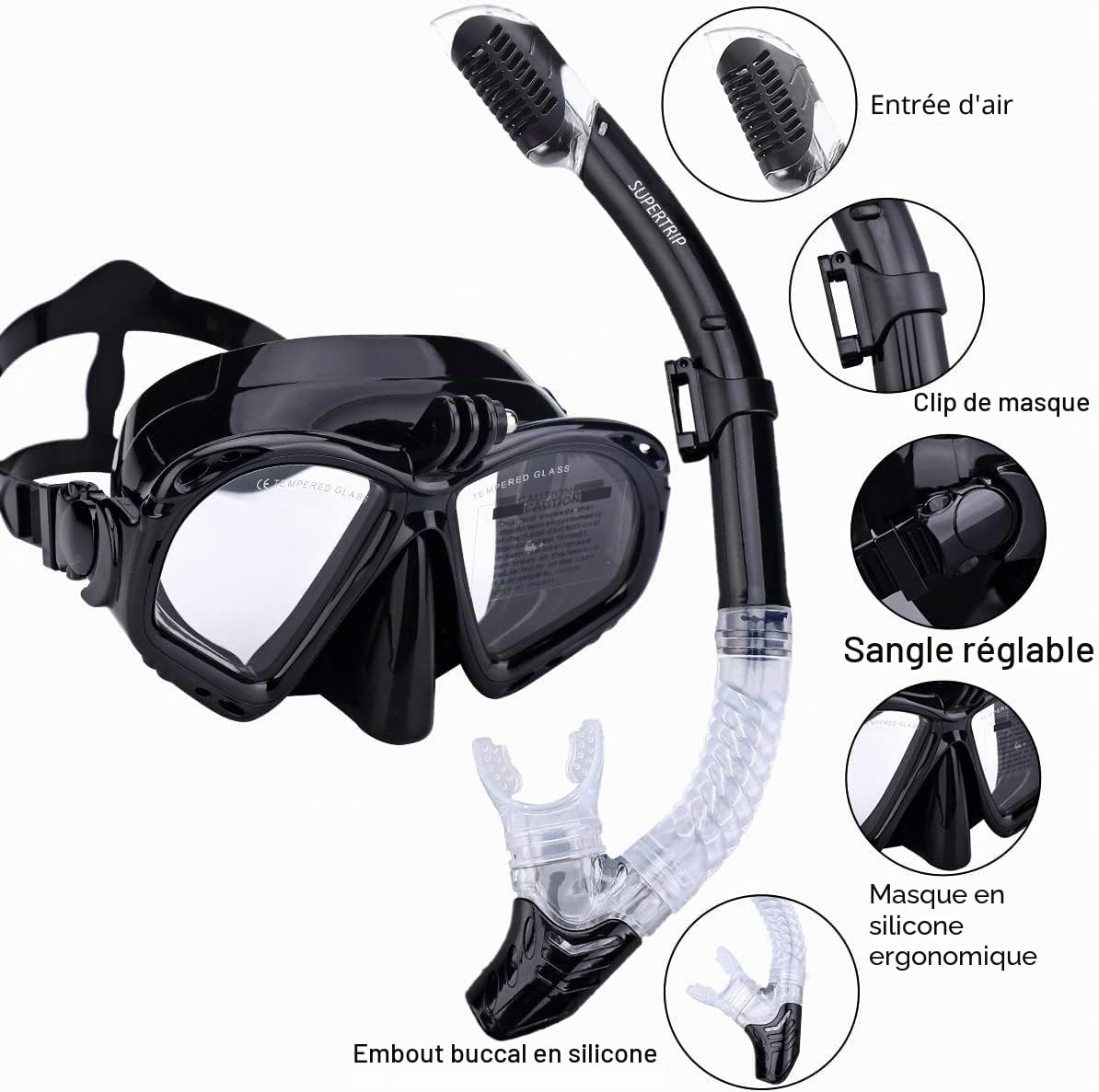 Supertrip Kit tuba de haute qualité pour adultes - Lunettes de plongée avec tuba à 2 embouts - Kit de plongée / masque de plongée GoPro avec support appareil photo