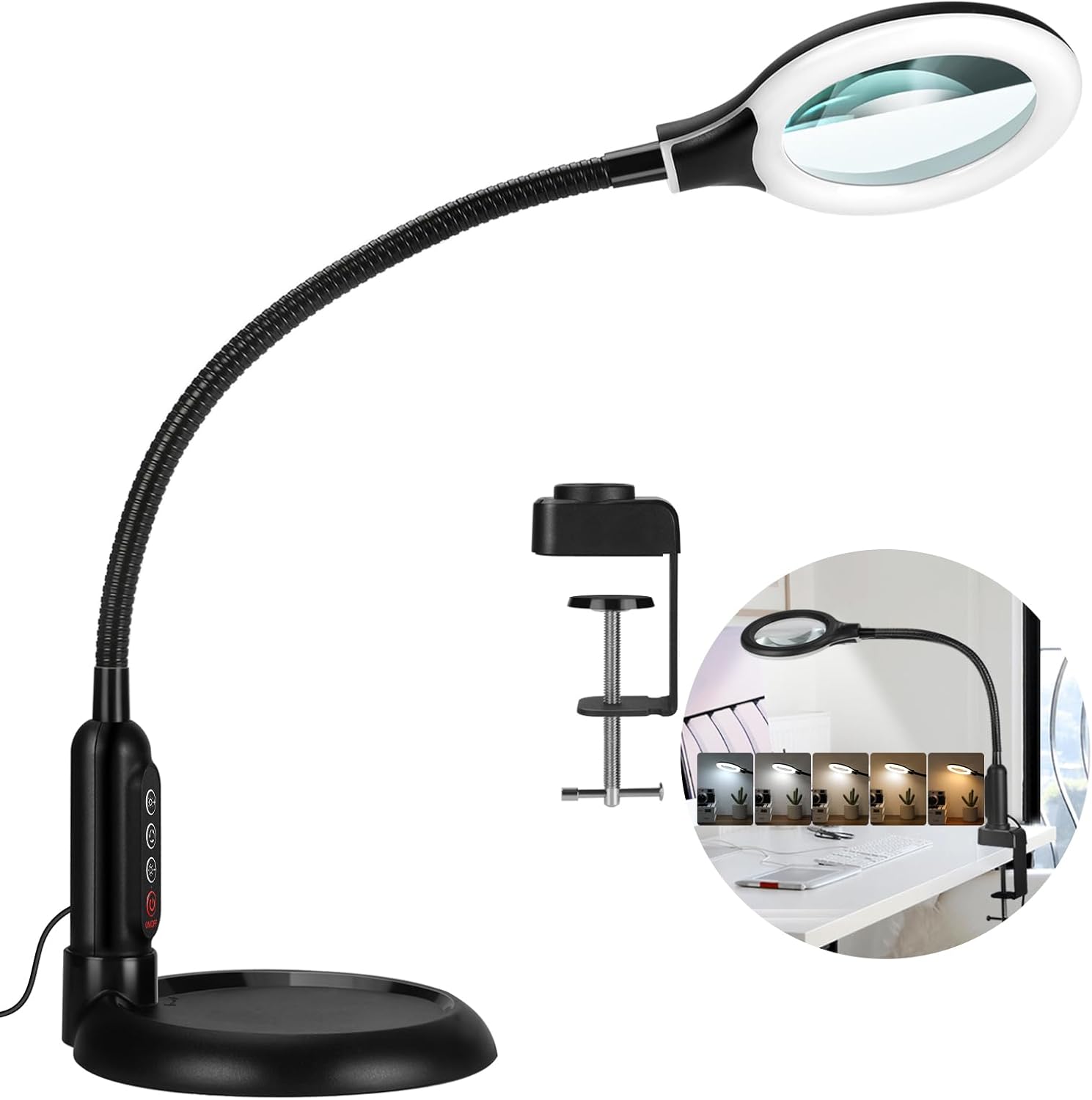 10X Magnifying Glass with Light and Clamp, 5 Color Modes Stepless Dimmable Lighted Magnifier with Stand, Flexible Gooseneck LED Desk Lamp Hands Free for Craft Reading Painting Hobby Close Work 10X Magnifying Glass with Light and Clamp, 5 Color Modes Stepless Dimmable Lighted Magnifier with Stand, Flexible Gooseneck LED Desk Lamp Hands Free for Craft Reading Painting Hobby Close Work