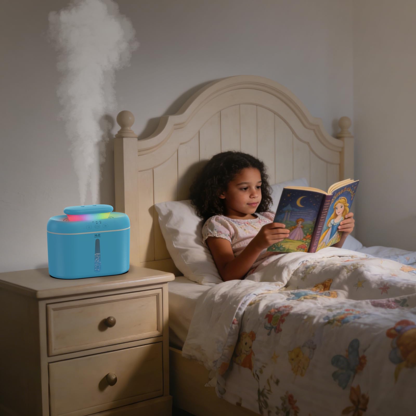 LKV Umidificatore, 2L Umidificatore Ambiente Bambini con Ugello a due vie con Timer Funzione di Autospegnimento e Luce Notturna Silenzioso, Humidifier casa per Bambini Piante e uso Domestico, Blu