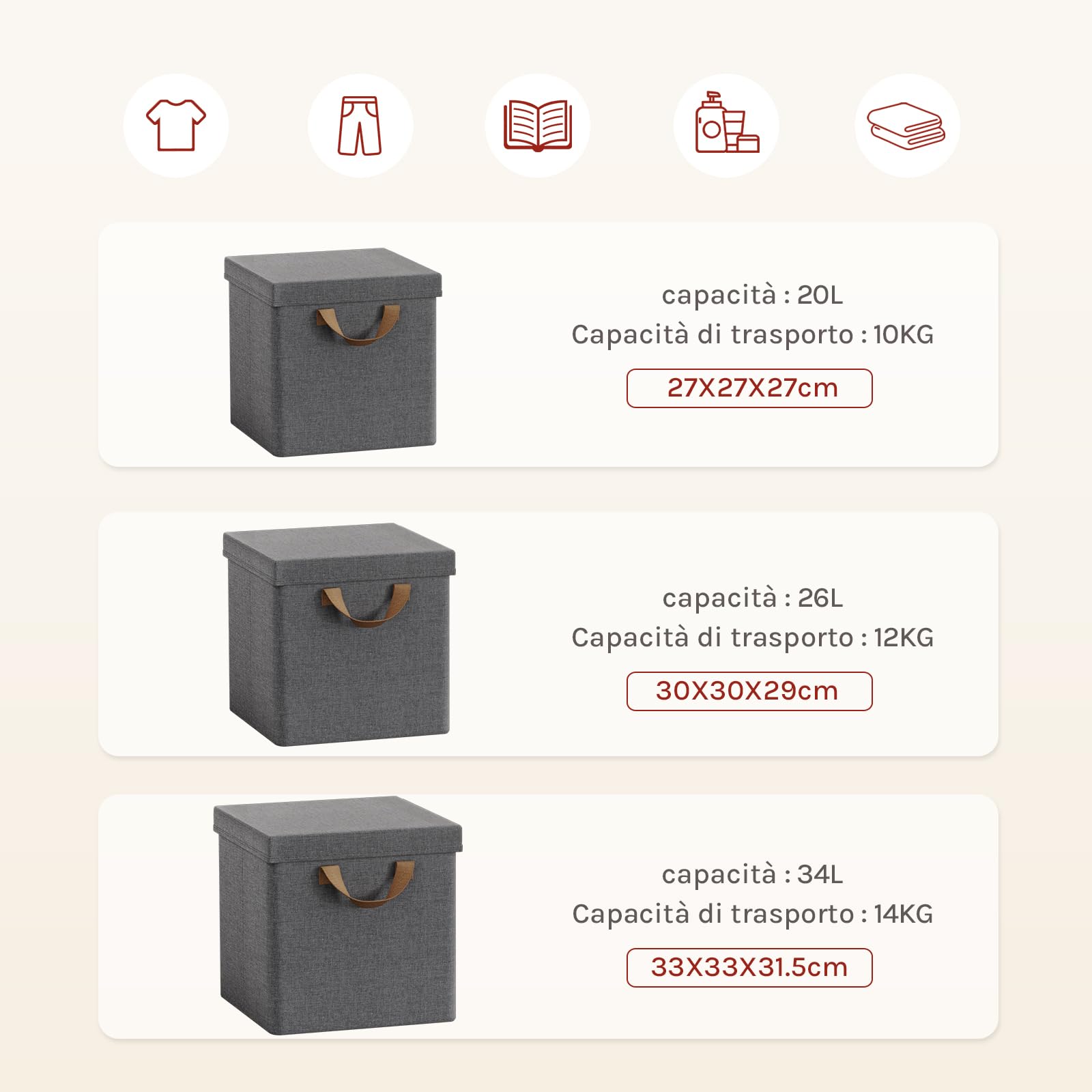 WOLTU Scatole Contenitori Pieghevoli Set di 5, Cubi in Tessuto con Coperchio, Manico e Struttura in Metallo, Organizer per Scaffale e Armadio, Grigio, 30x30x29cm