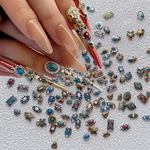 20Pcs Western Nail Charms Retro Metal Bohemia Nail Rhinestones 3D Alloy Blue Marble Turquoise Totem Designs Vintage Cowboy Supplies Bohemian Nail Jewelry Gems for Women Manicure Decorations DIY