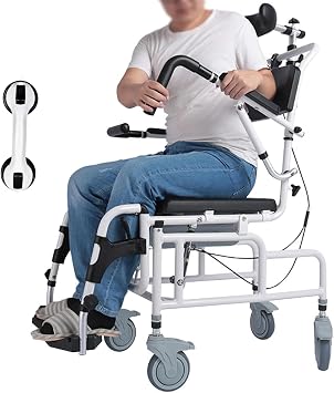 45  Reclining Shower Chair, Shower Chair with Lockable Wheels/Semi-enclosed Armrest/Headrest/Detachable Bucket, Adjustable Seat Height 21-24in, Load Capacity 440 Lbs, Safety Mobile, for Seniors