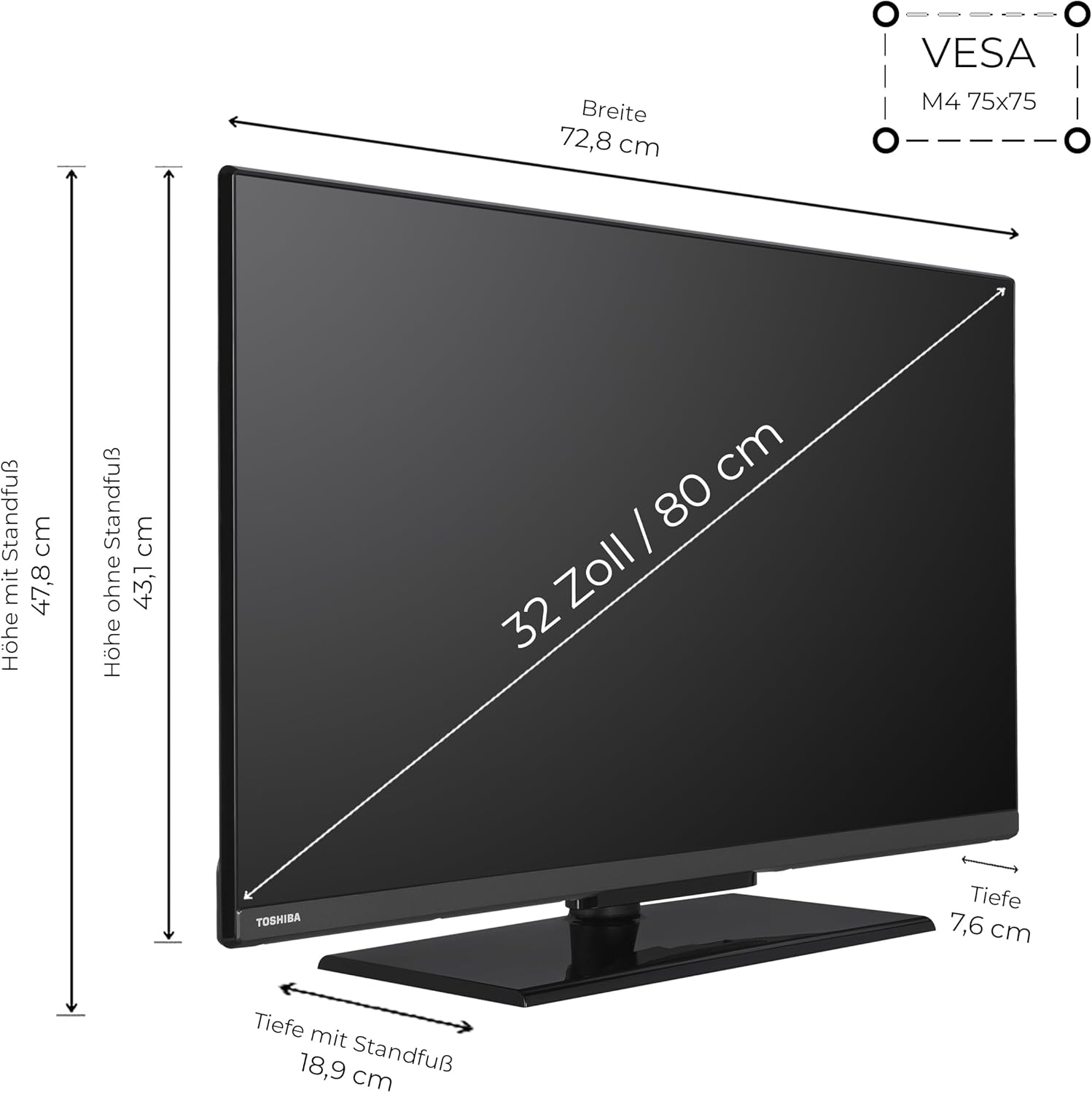 Diagram of Toshiba TV dimensions and VESA mount