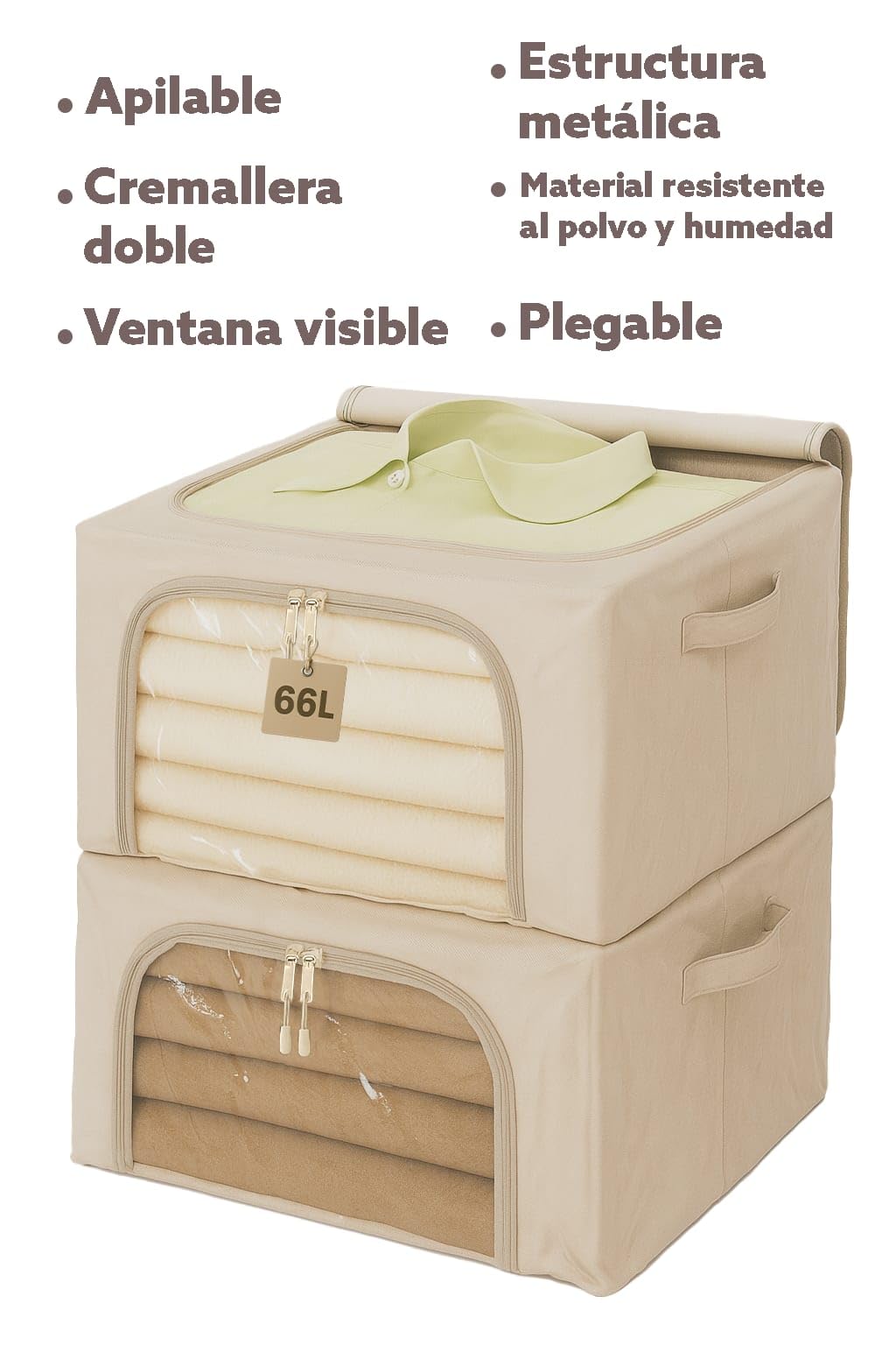 Caja almacenaje ropa,Organizador armario con diseño moderno, cajas organizadoras apilable, material resistente,Cestas almacenaje, marco metálico interno y doble cremallera(Pack de 2)