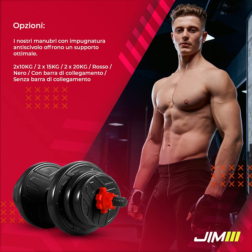 JIM Fitness set 2 in 1 manubrio e bilanciere regolabili fino a 30 kg con copertura in gomma, nero e rosso