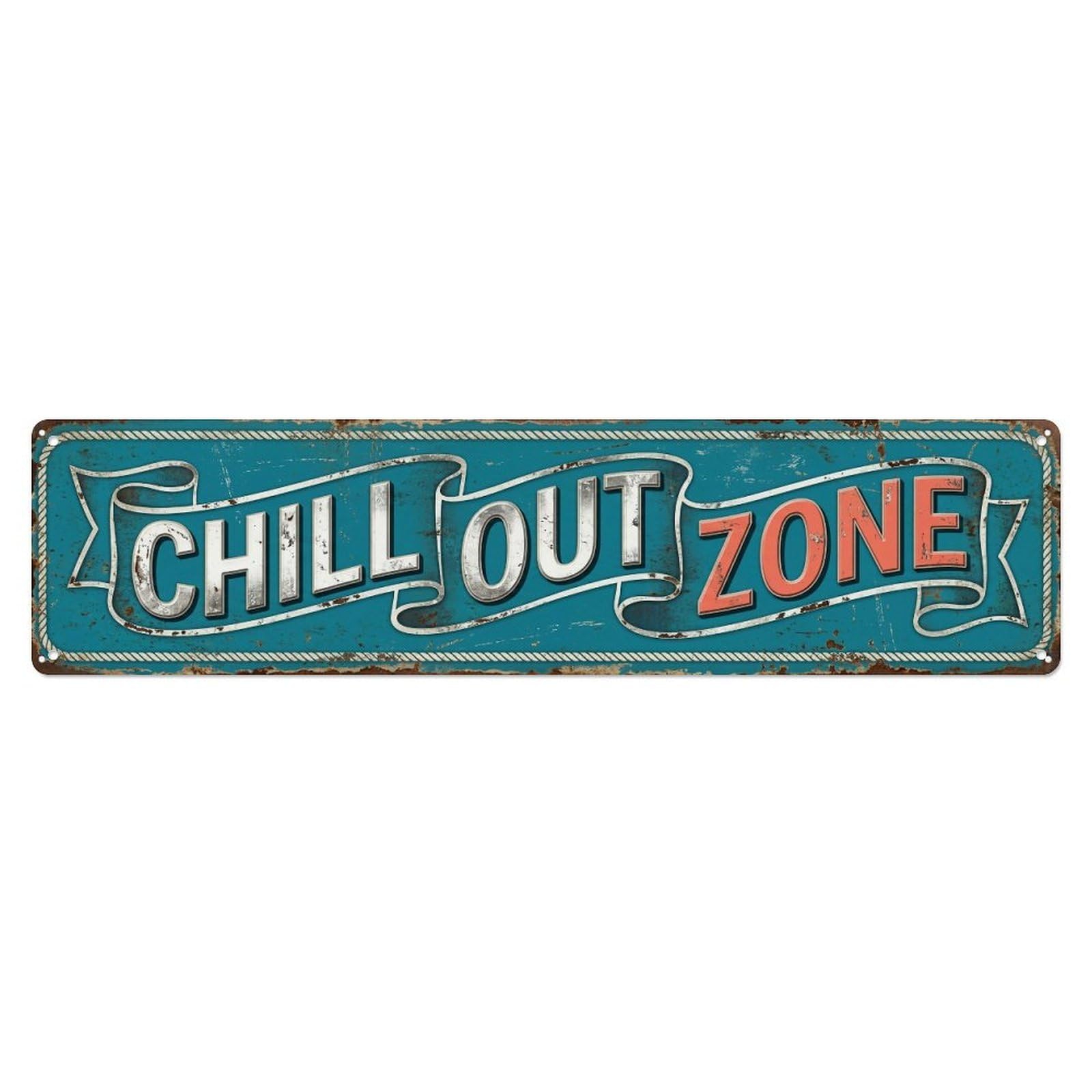 Chill Out Zone Worn Veranda Metal Tin Skinny Sign Plaque Wall Decor for Cafe, Club Bar, Office, Home Garden Metal Poster 4x16Inch