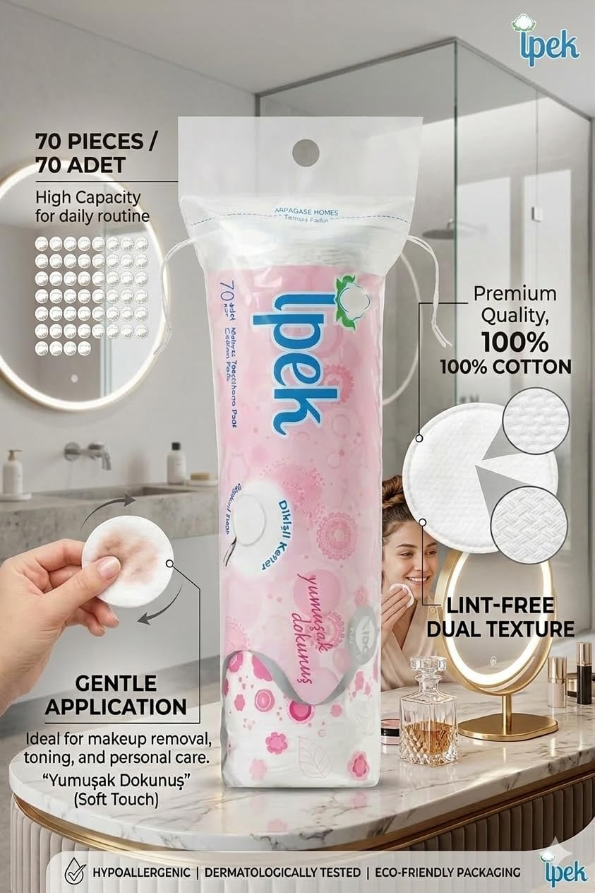 Premium Cotton Rounds for Face – 100% Pure Cotton Makeup Remover Pads, Lint-Free & Hypoallergenic, Stitched Edges for Skin Care, Toning, and Personal Care (Pack of 6)