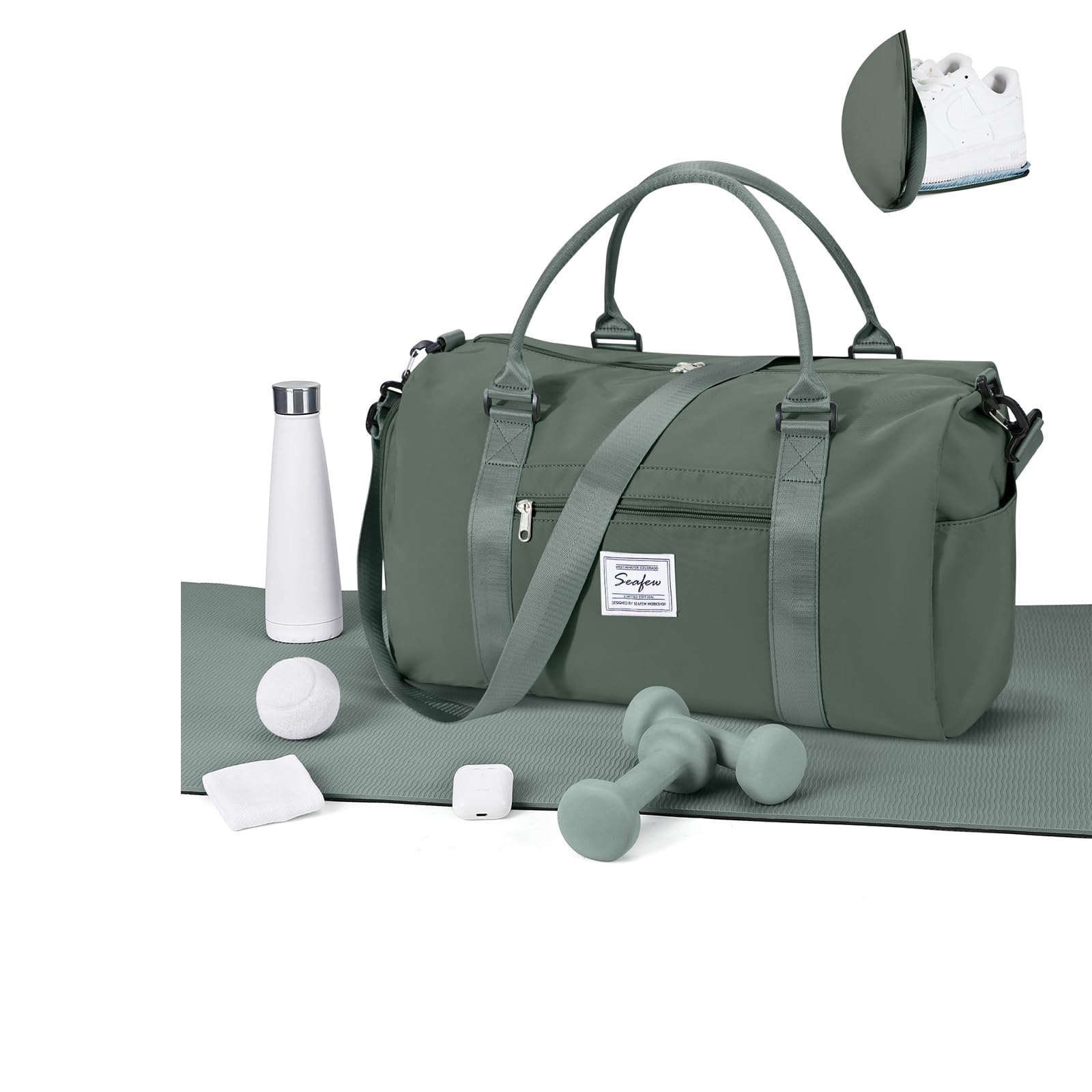 WEPLAN Gym Bag Womens Men Sports Fitness Bags Weekend Overnight Bag Travel Duffle Bags for Women with Shoes Compartment Wet Pocket,Holdall Hospital for Swimming Carry on Hand Luggag,A5-Army Green