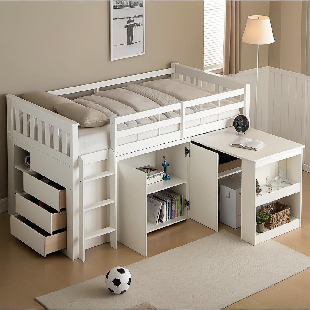 PVWIIK Twin Size Low Loft Bed with Storage Drawer & Desk for Kids,Wood Loft Bed w/Shelf,Space Saving,No Box Spring Needed,White