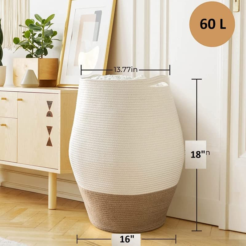 Image of GRATIFY Large Woven Rope Laundry Basket, 80 L Tall Dirty Clothes Hamper with Handles Storage Blankets, Toy for Bedroom, Living Room (brown white 1 Pcs)
