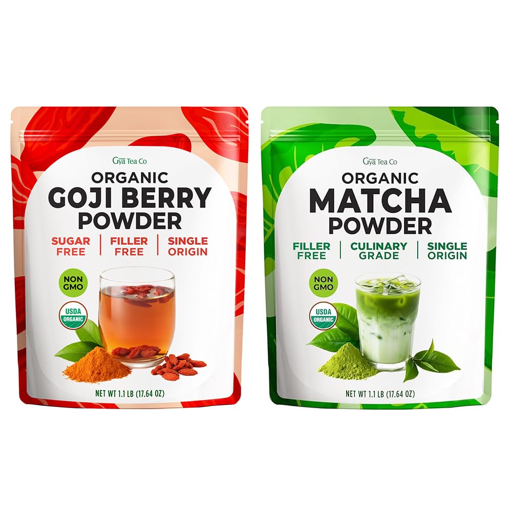 Gya Tea Co Goji Powder & Matcha Powder Set - USDA Organic, Vegan, Non-GMO, Gluten-Free Superfood for Smoothies, Baking & Drinks - 2x1.1 Lb