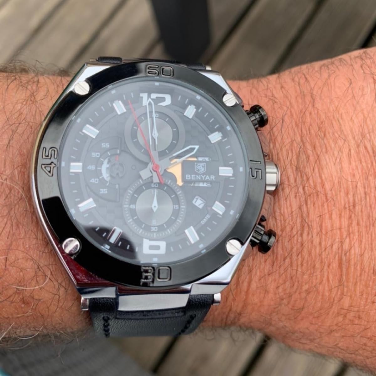 Benyar reloj de pulsera para hombre, cuarzo, cronógrafo, fecha, 3 ATM, resistente al agua, diseño deportivo, correa de cuero, Negro 3