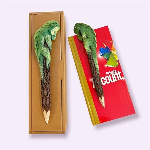 Juego de 2 lápices de madera Iguana aserrín escultura de color verde camaleón King lindo animal creativo papelería escuela y oficina suministros