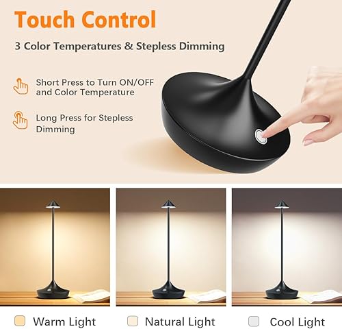 Miniatura 3 de Moslumin Lámpara de mesa inalámbrica recargable, 6000 mAh alimentada por batería, lámpara de escritorio LED al aire libre, impermeable, táctil,
